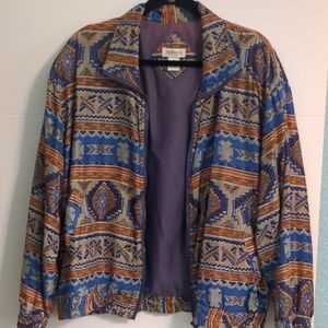 Women's Multicolor Bomber 100%silk lined Aztec Patterned Jacket M